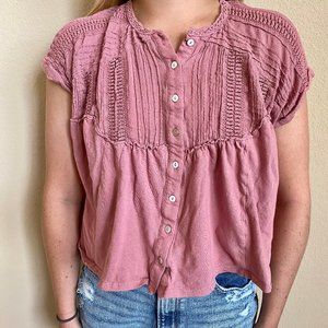 Boho Pink Short Sleeve Button Up Crop Top Size M